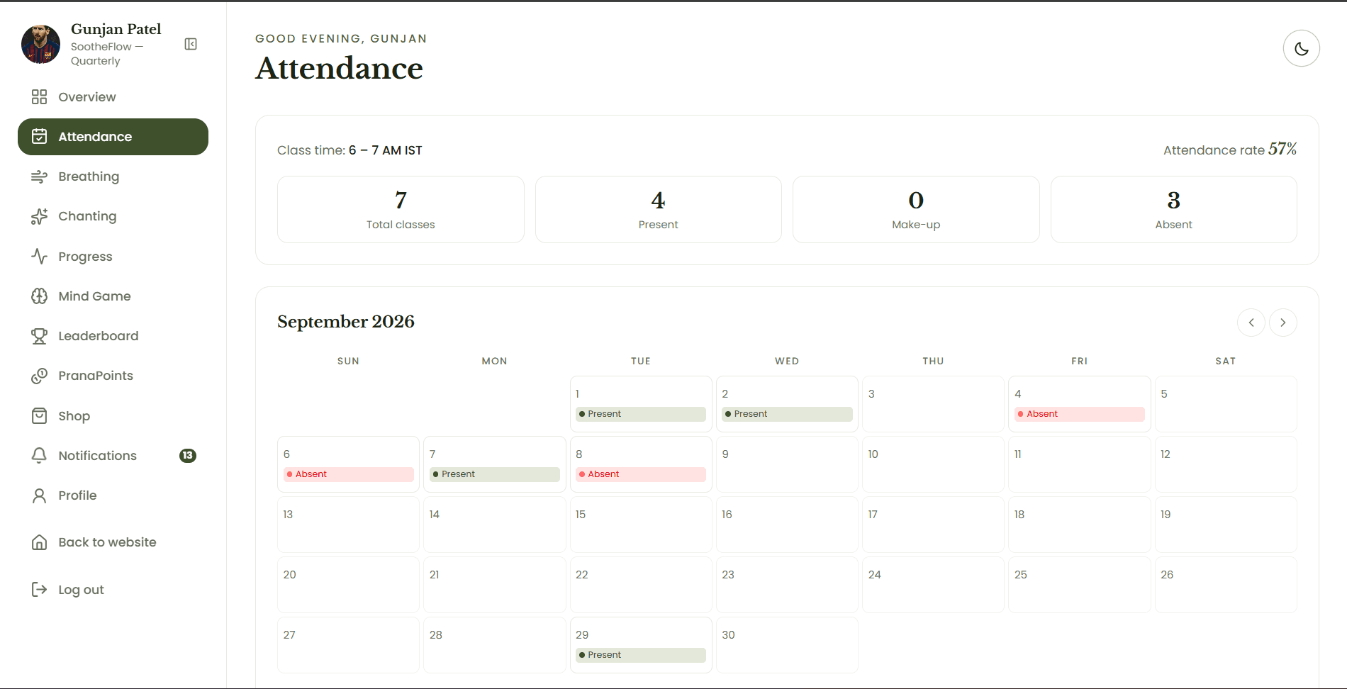 Attendance screen of the Devine Yoga member dashboard