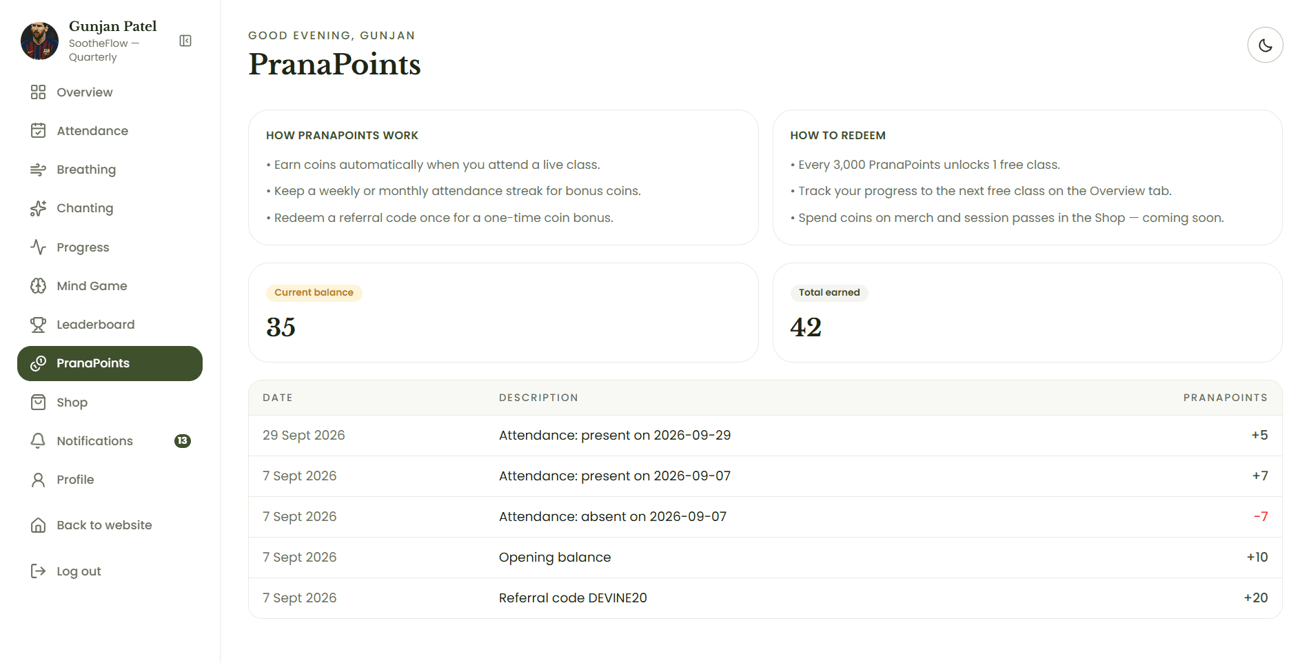 PranaPoints and rewards screen of the Devine Yoga member dashboard
