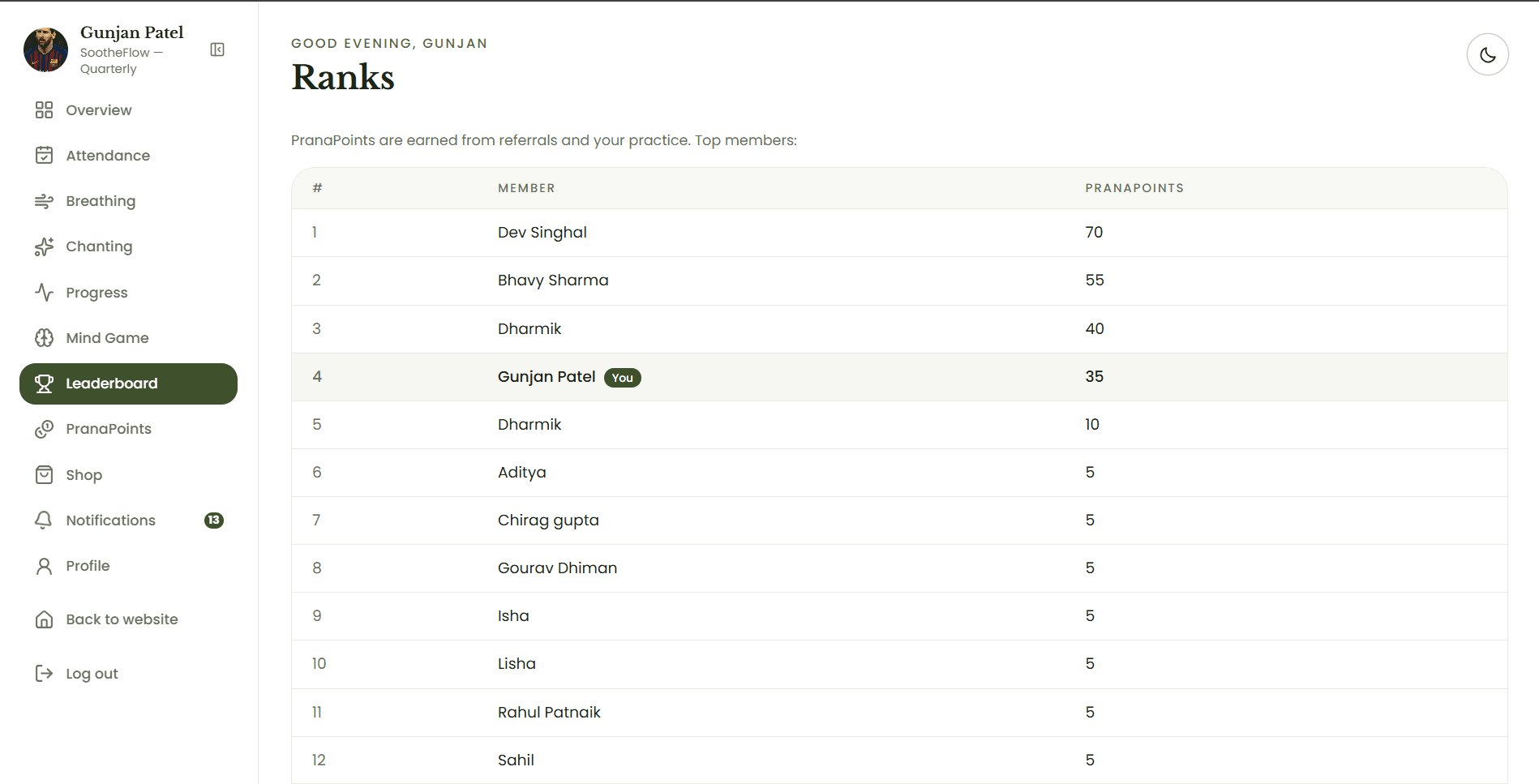 Leaderboard screen of the Devine Yoga member dashboard
