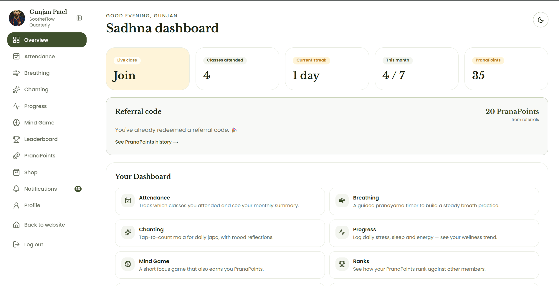 Overview screen of the Devine Yoga member dashboard