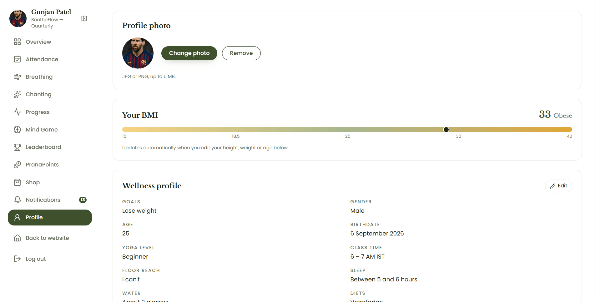 Profile and health screen of the Devine Yoga member dashboard