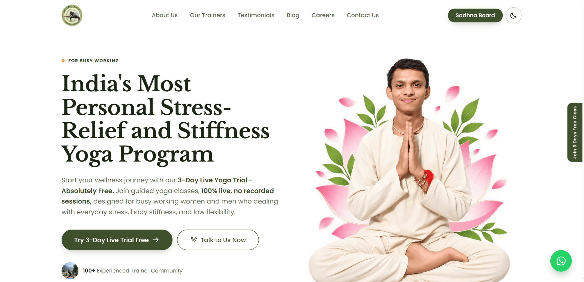 Devine Yoga Online homepage showing the 3-day live yoga trial for busy working professionals