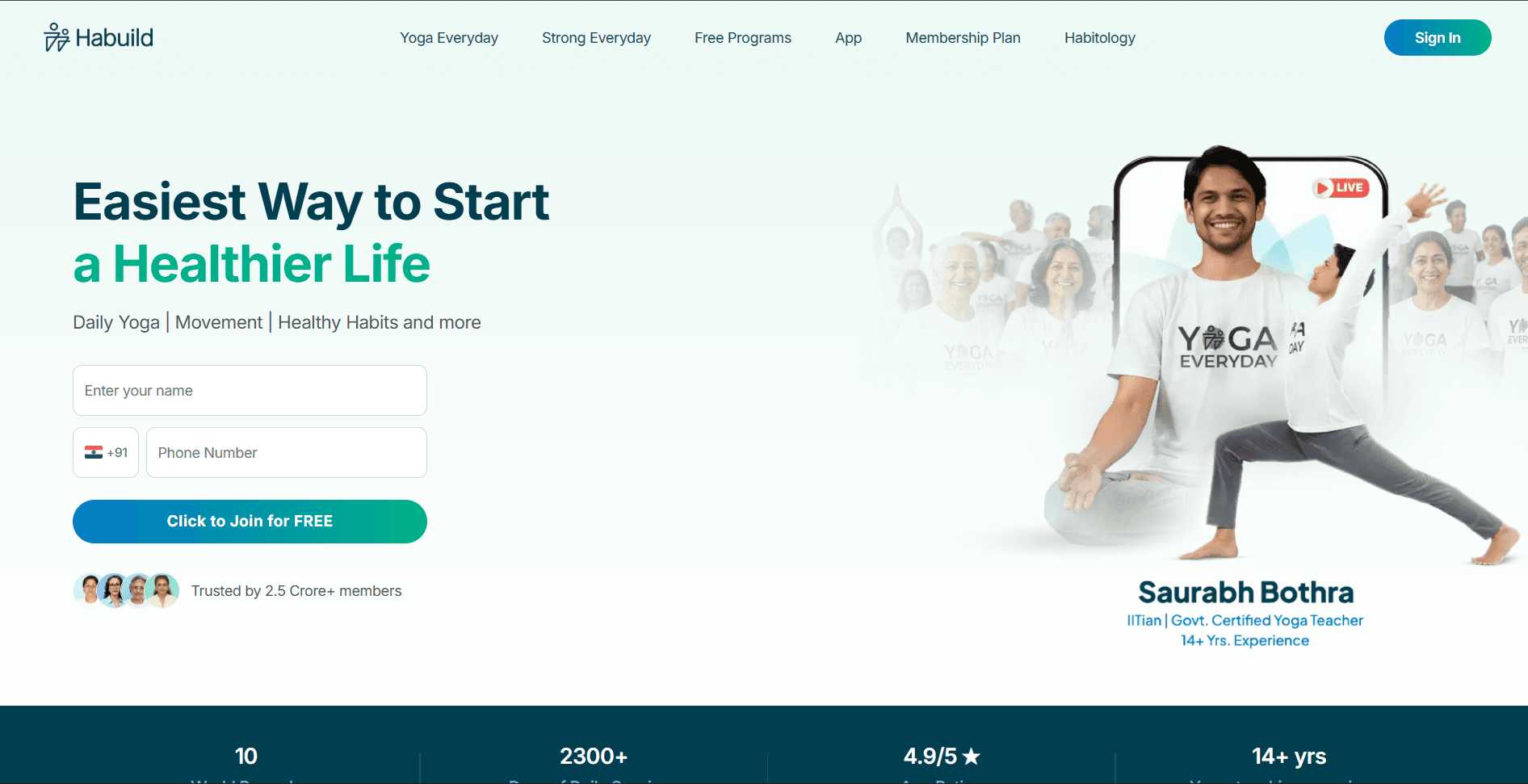 Habuild homepage showing the Yoga Everyday program led by Saurabh Bothra and a free sign-up form