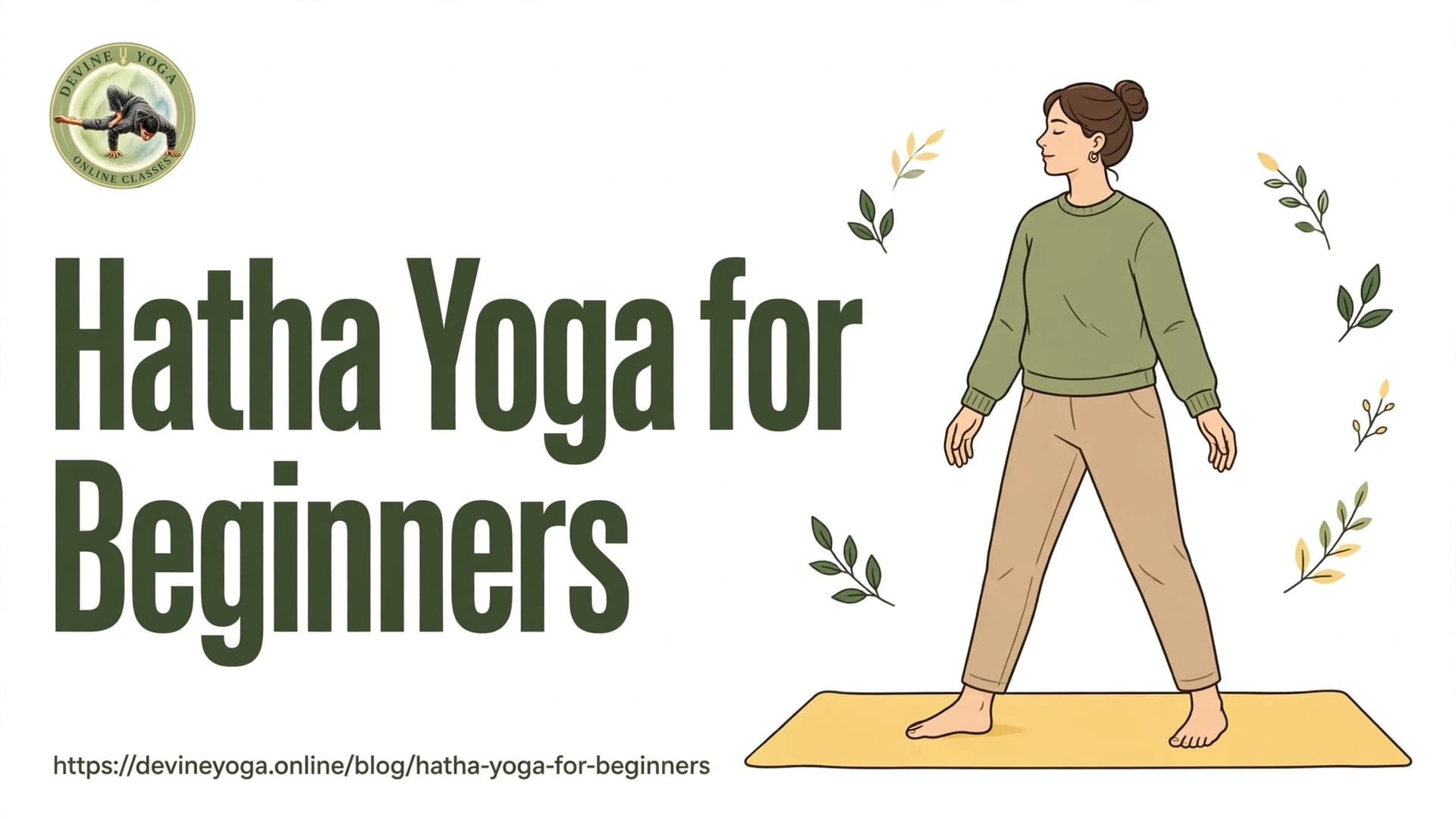 Hatha Yoga for Beginners - an illustration of a woman standing calmly on a yellow yoga mat in Mountain Pose