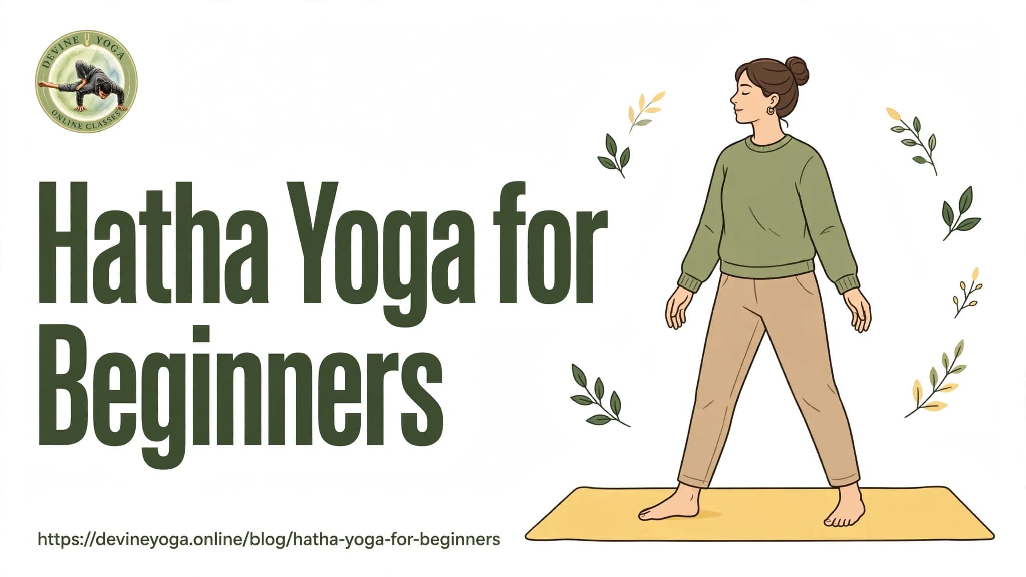 Hatha Yoga for Beginners - an illustration of a woman standing calmly on a yellow yoga mat in Mountain Pose