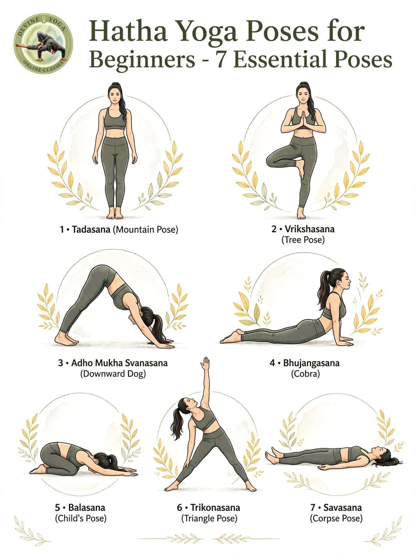 Hatha Yoga poses for beginners - 7 essential poses: Mountain, Tree, Downward Dog, Cobra, Child's, Triangle and Corpse Pose