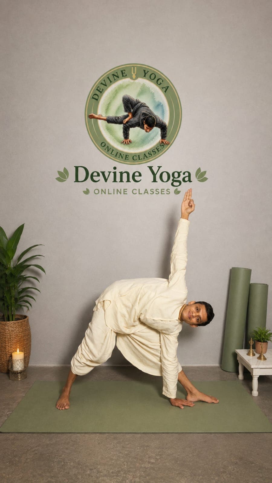 A person resting in legs-up-the-wall pose with the hips close to a plain wall and arms relaxed