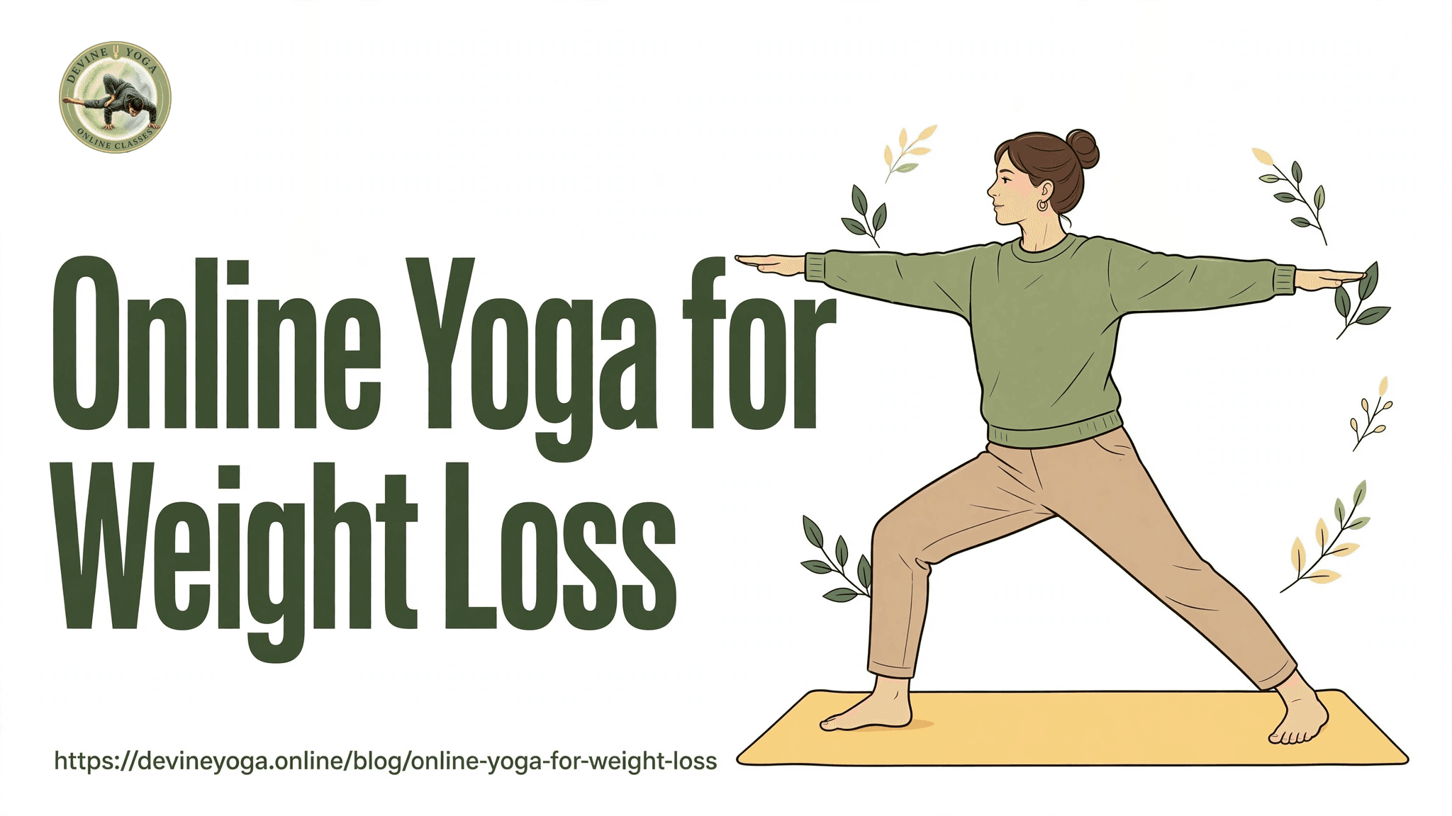 Online Yoga for Weight Loss - an illustration of a woman in a green sweater holding Warrior II pose on a yellow yoga mat, surrounded by leaves