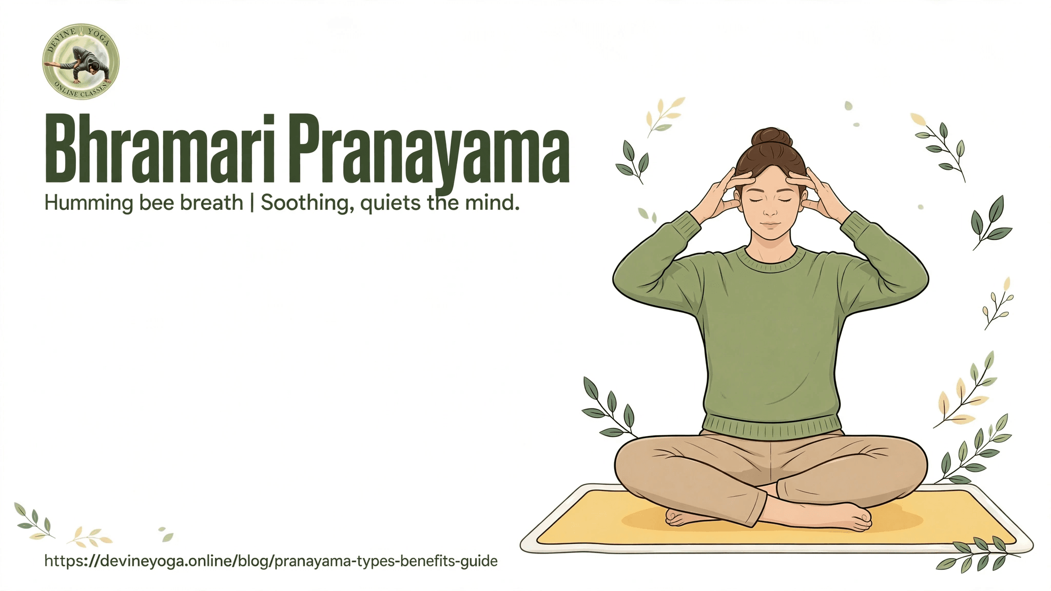 Bhramari pranayama: a woman sitting cross-legged with eyes closed and both hands raised to the sides of her face