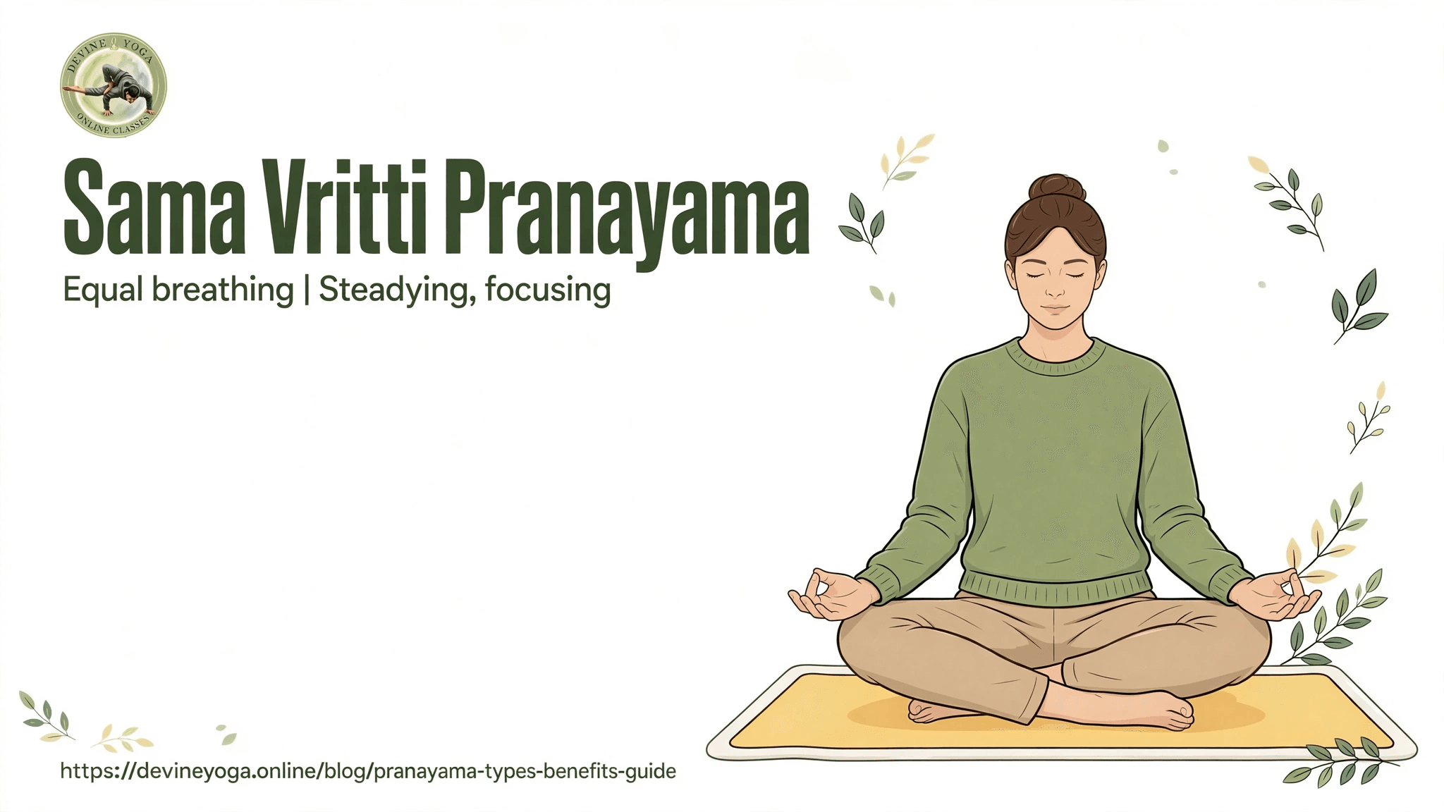 Sama Vritti equal breathing: a woman sitting upright with eyes closed and hands resting on her knees in Jnana mudra