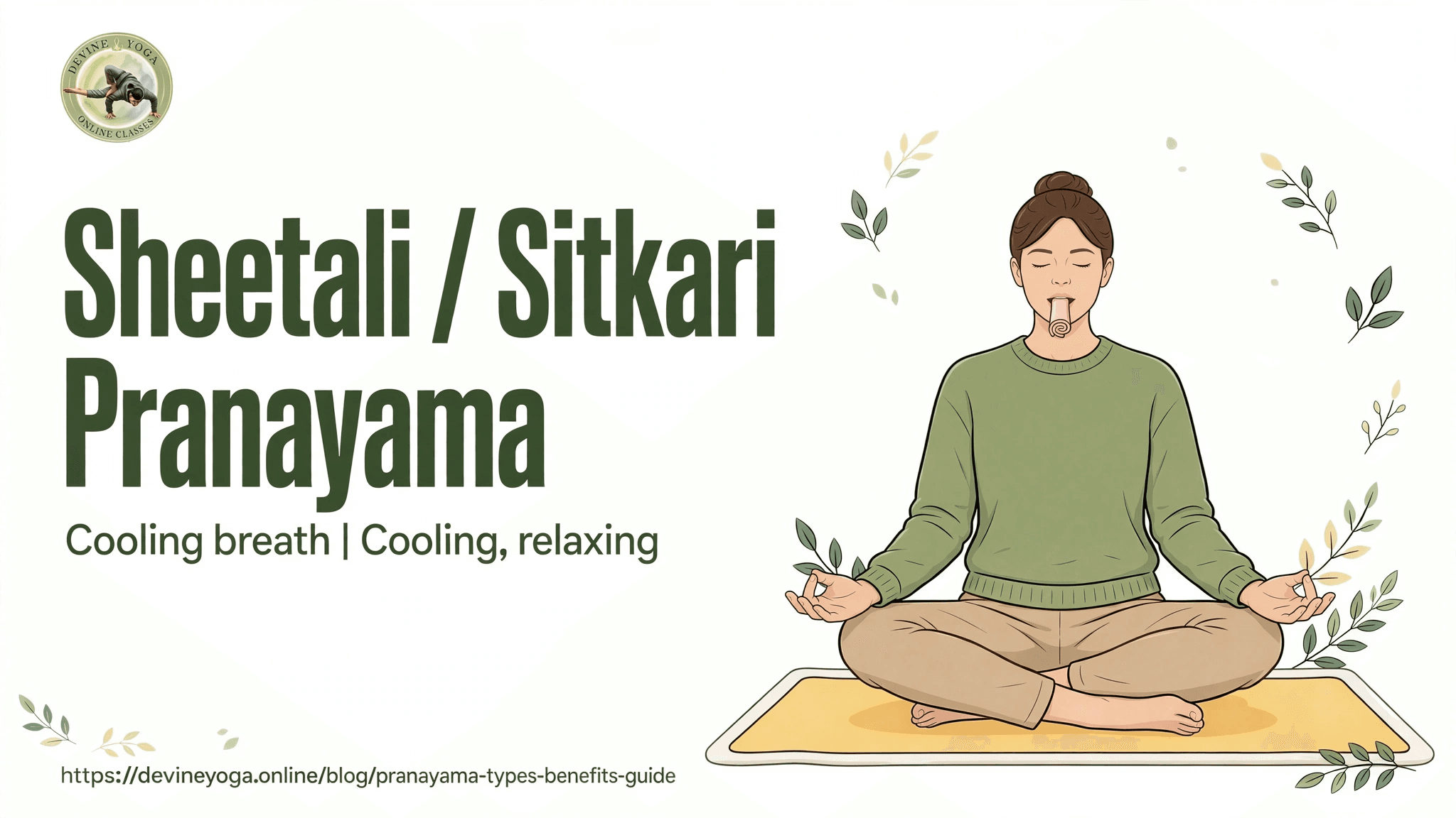 Sheetali pranayama: a woman sitting cross-legged with her tongue rolled into a tube between her lips