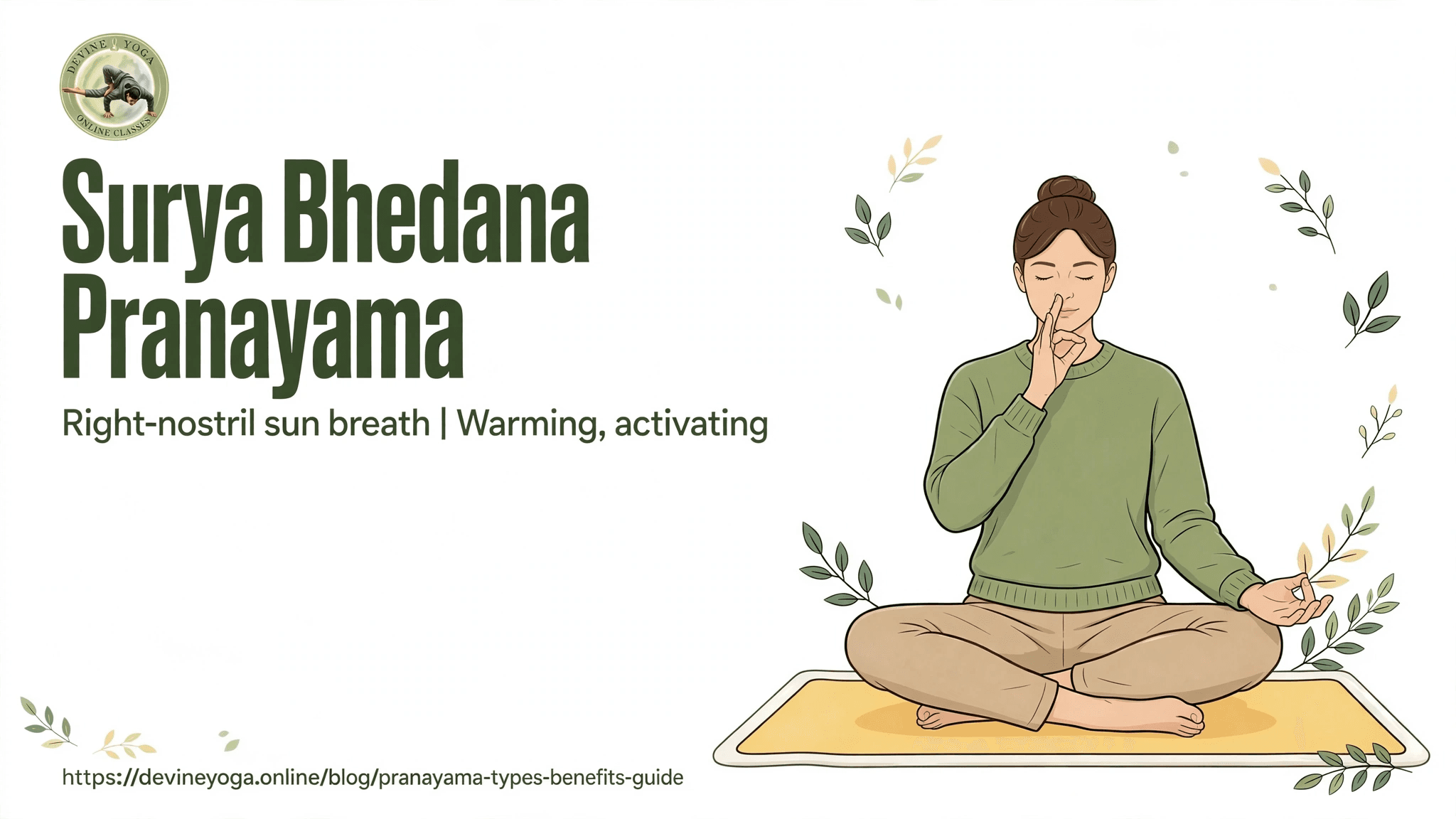 Surya Bhedana pranayama: a woman sitting cross-legged with her hand raised to her nose for right-nostril breathing