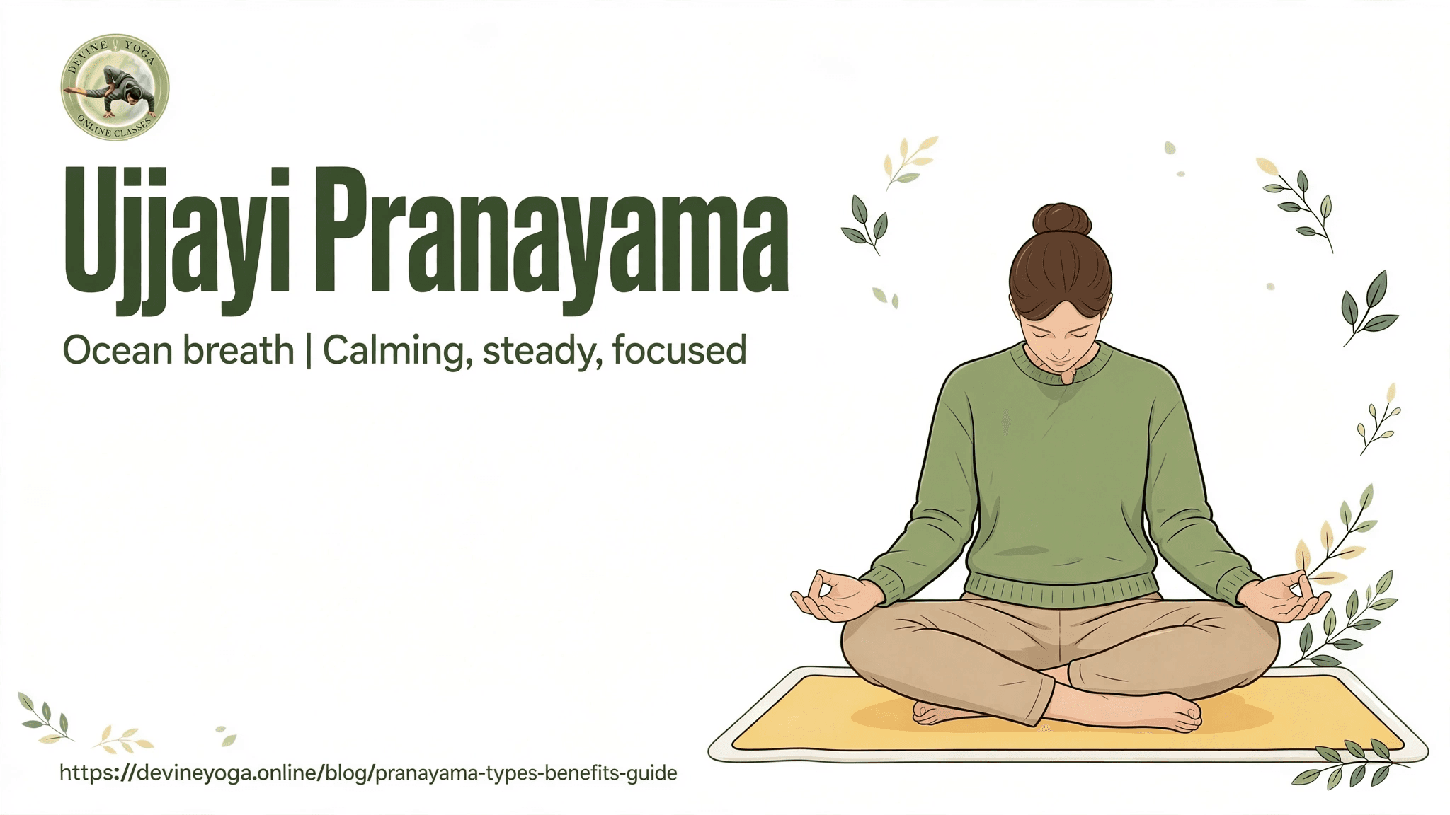 Ujjayi pranayama: a woman sitting in Easy Pose with eyes closed, head slightly bowed and hands in Jnana mudra