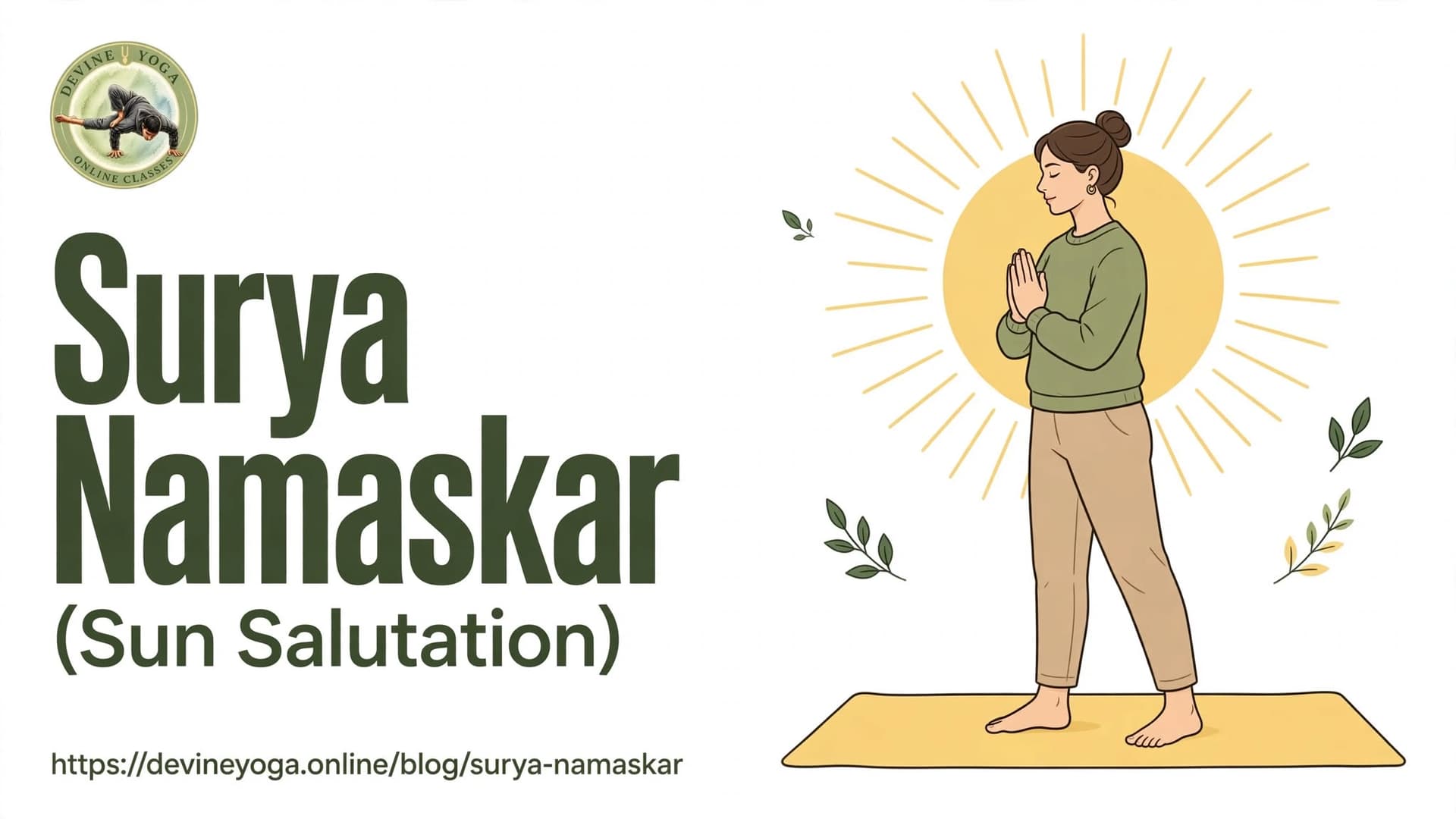Surya Namaskar (Sun Salutation) — an illustration of a person in prayer pose in front of the sun on a yellow mat
