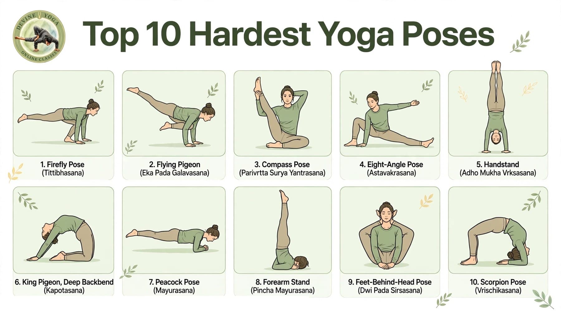 Top 10 hardest yoga poses chart: Firefly, Flying Pigeon, Compass, Eight-Angle, Handstand, King Pigeon, Peacock, Forearm Stand, Feet-Behind-Head and Scorpion pose, each shown with its Sanskrit name