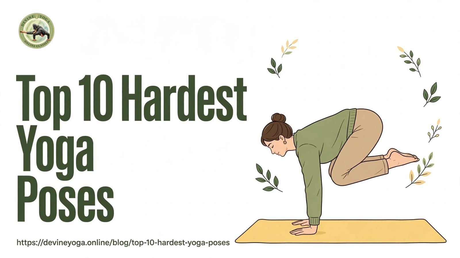 Top 10 Hardest Yoga Poses - an illustration of a woman in a crow-style arm balance on a yellow yoga mat