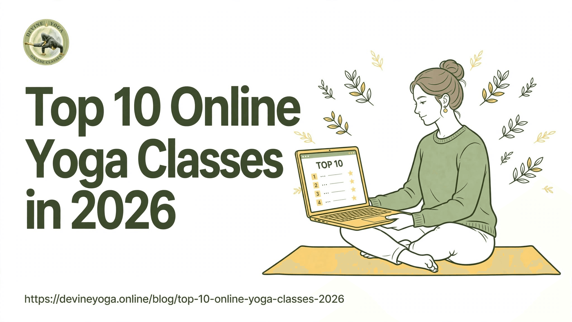 Top 10 Online Yoga Classes in 2026 — an illustration of a person on a yellow mat holding a laptop with a top 10 list