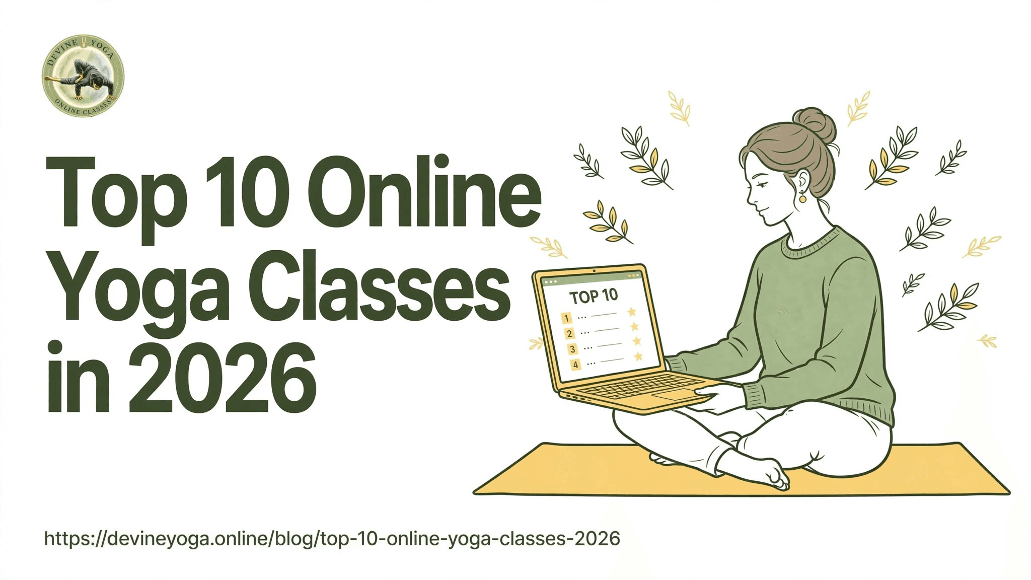 Top 10 Online Yoga Classes in 2026 — an illustration of a person on a yellow mat holding a laptop with a top 10 list