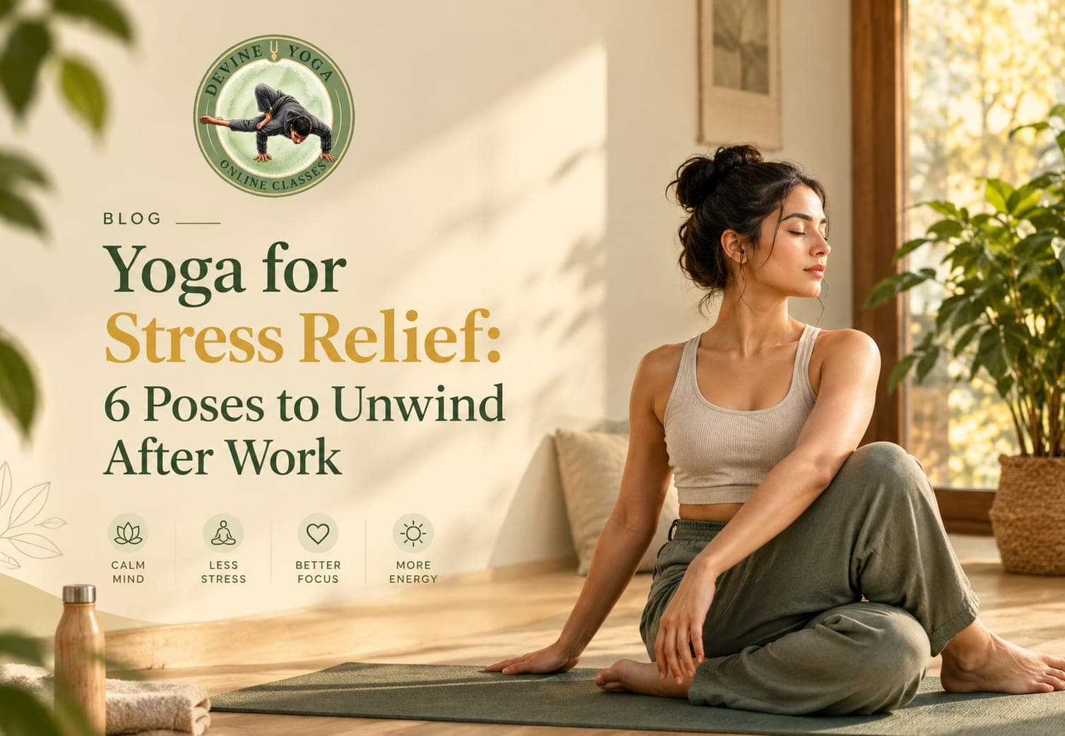 Yoga for Stress Relief: 6 Poses to Unwind After Work — a woman in a seated twist on a mat by a sunlit window