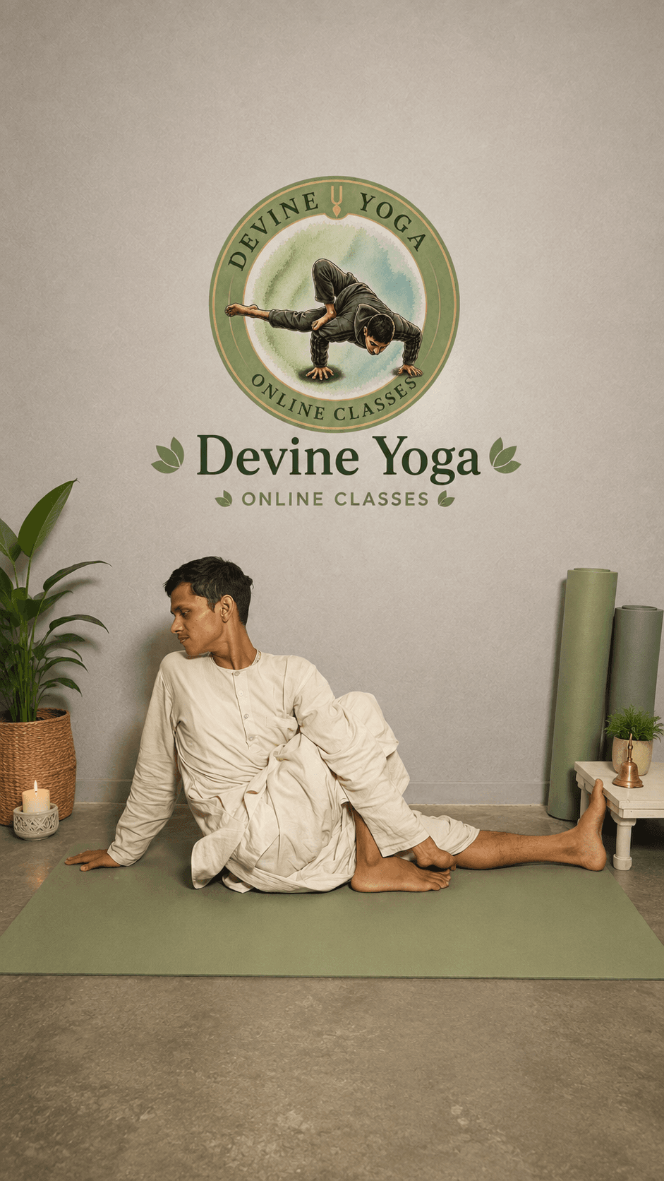 Dev, Devine Yoga trainer, in a calm seated pose
